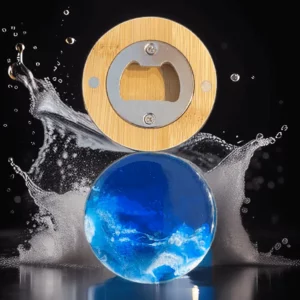 Décapsuleur magnétique rond en bambou et vague résine éclaboussure